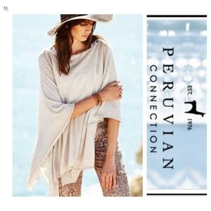 Peruvian Connection Ivory Sheer Baby Alpaca Wool Knit Flyaway Poncho One Size